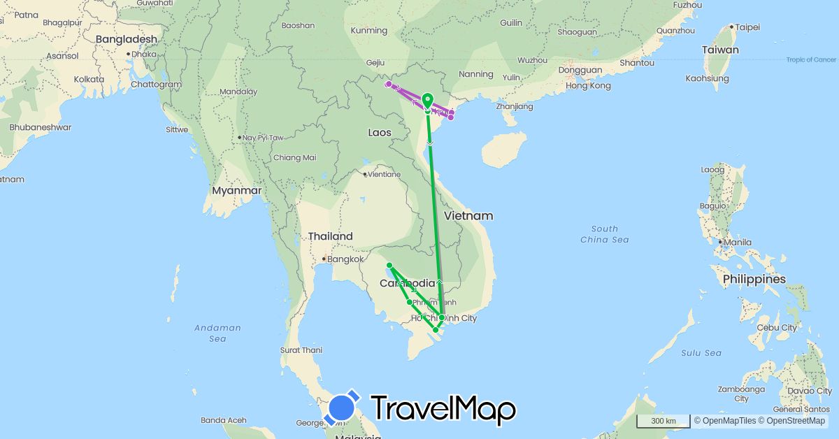 TravelMap itinerary: driving, bus, plane, train in Cambodia, Vietnam (Asia)